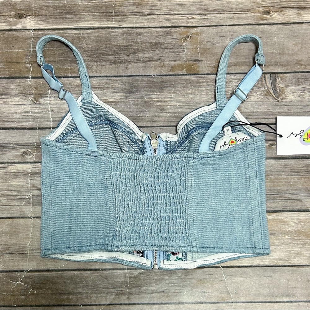 Easy Tiger Denim Flower Power Smiley Face Patches Zip Up Cropped Bustier XS NWT - Picture 3 of 8